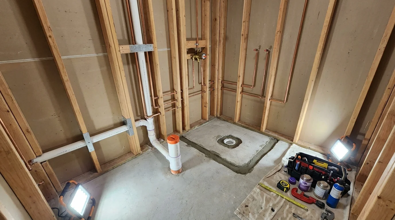 Bathroom rough-in plumbing during remodel by Johns Plumbing LLC in Tribune