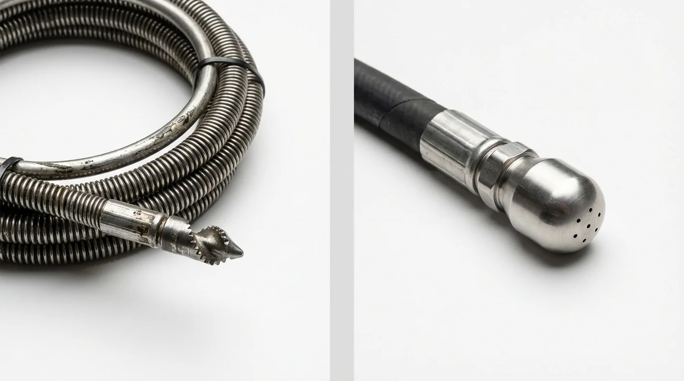 Drain snake cable and hydro jetting nozzle used for drain cleaning in Tribune, KS