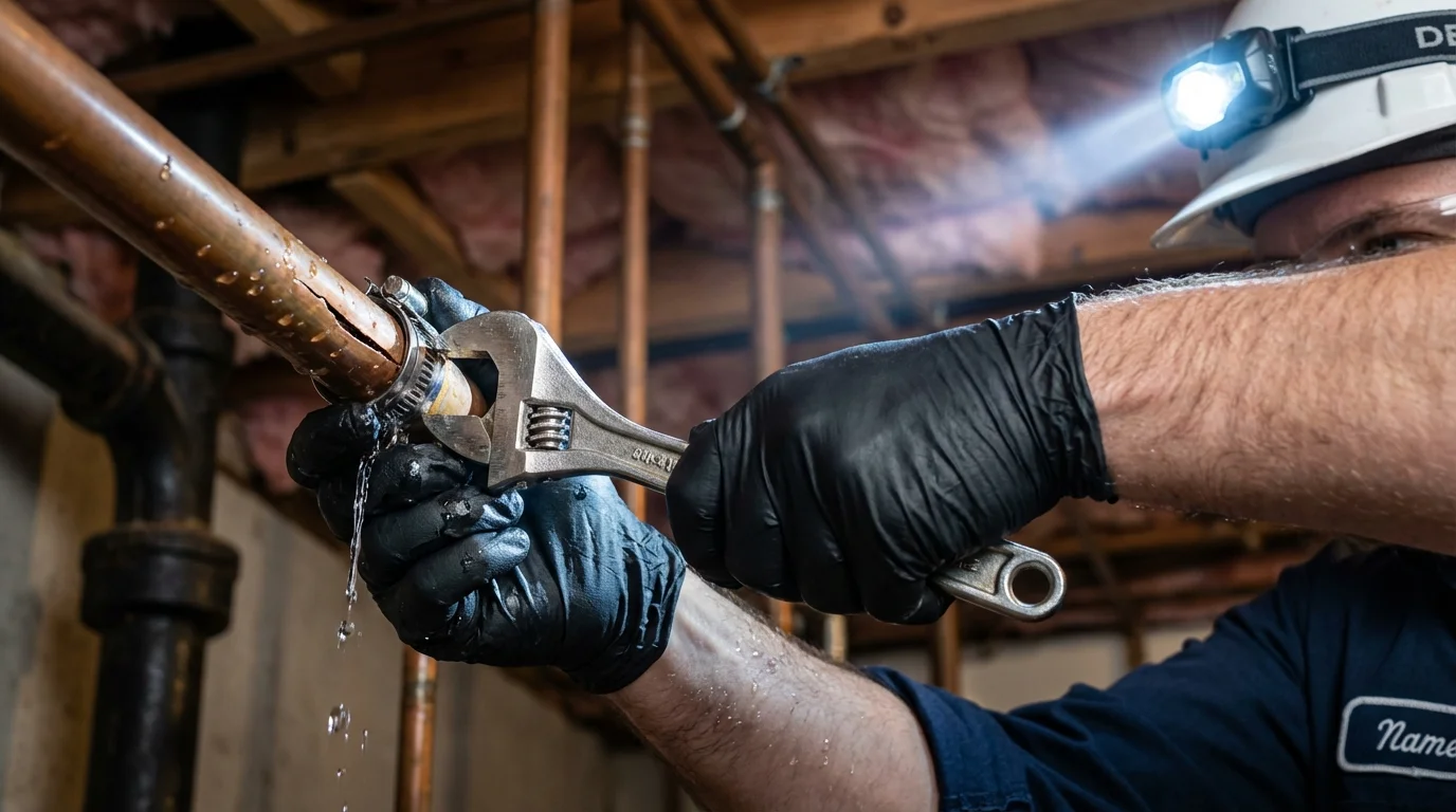 Emergency pipe clamp repair being performed by a Johns Plumbing LLC plumber in Tribune
