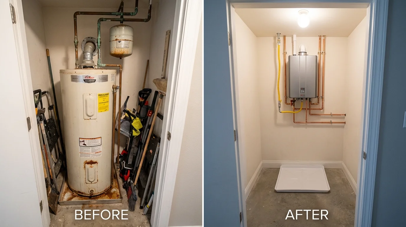 Tank water heater versus wall-mounted tankless unit comparison for Tribune, KS homeowners
