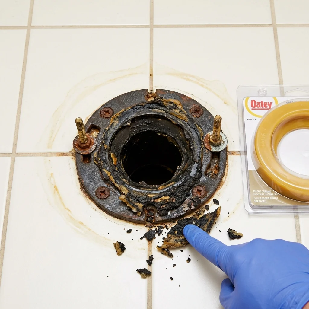 Failed wax ring showing water seepage at the base of a toilet in a Tribune, KS home