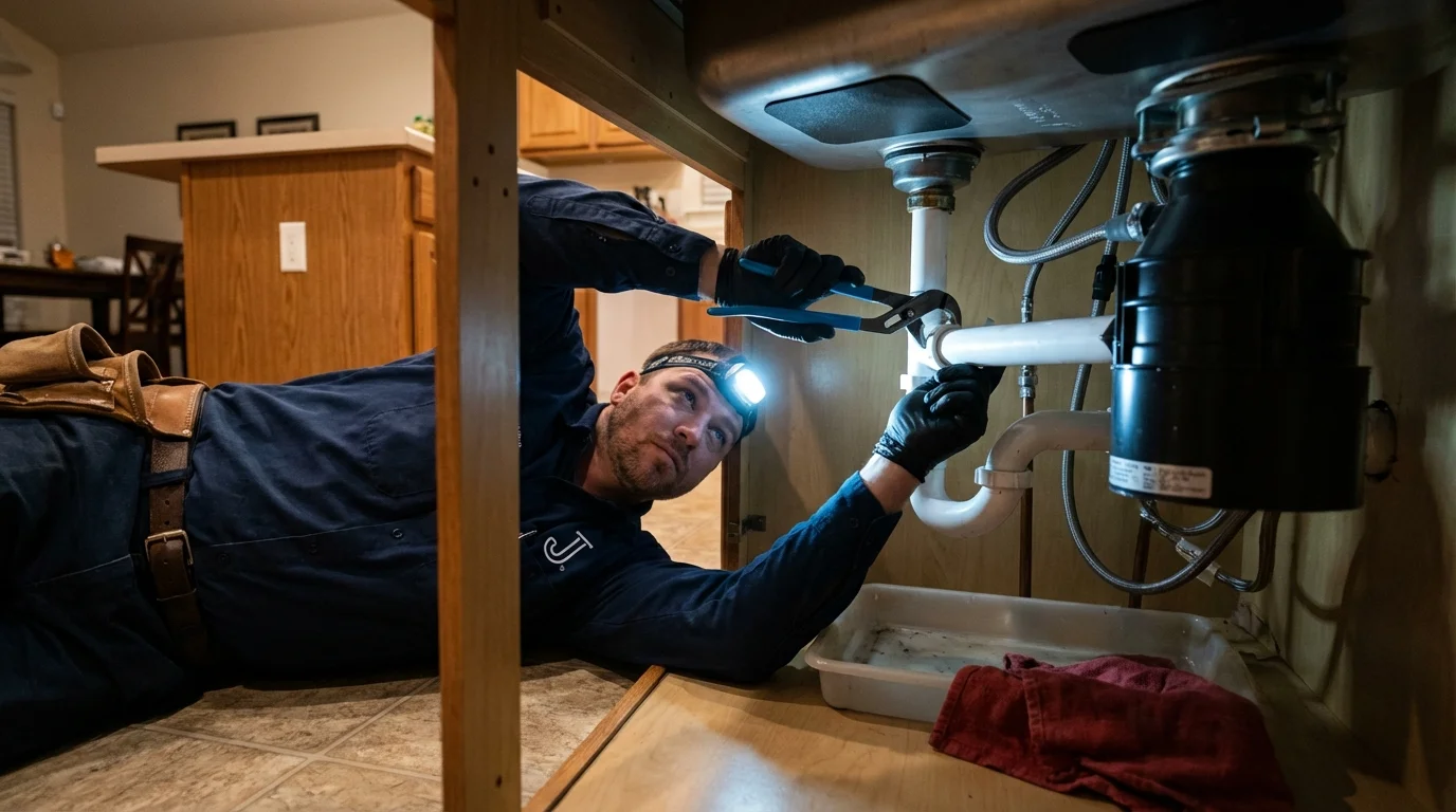 P-trap and supply line connections under a kitchen sink showing a common leak point in Tribune, KS